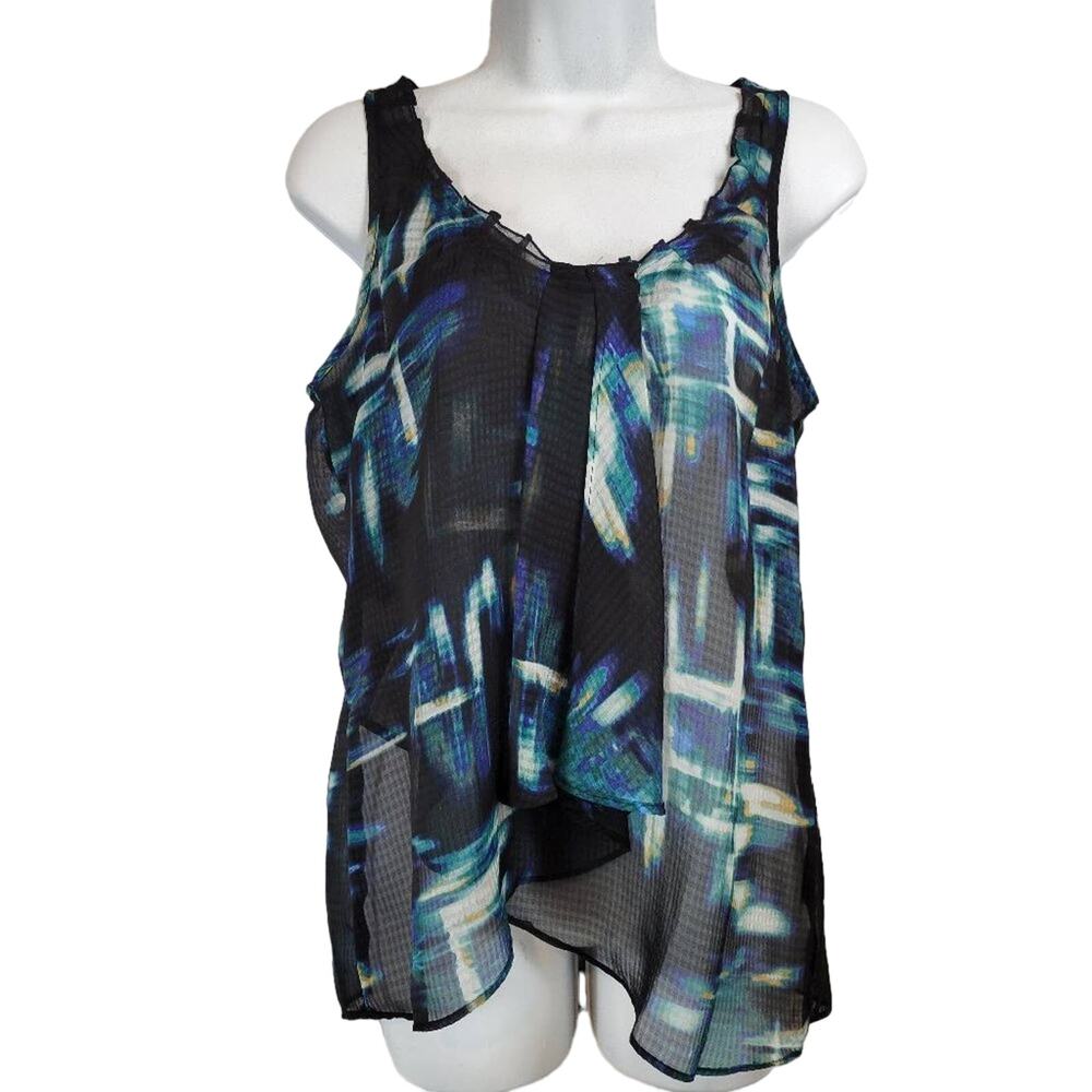 Apostrophe M Black Blue Green Abstract Print Sleeveless Ruffle Trim Tank‎ Top